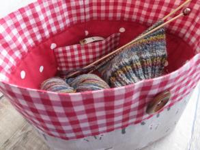 Red sheep &amp; gingham yarn bowl inside view with grey knitting project 2 (1)